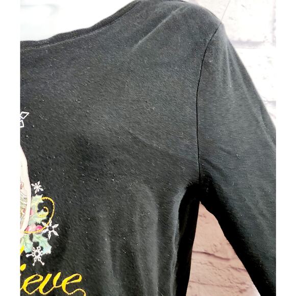 Black Red Gold Santa Print Believe Embroidered Top Large Lightweight Soft - Picture 2 of 5